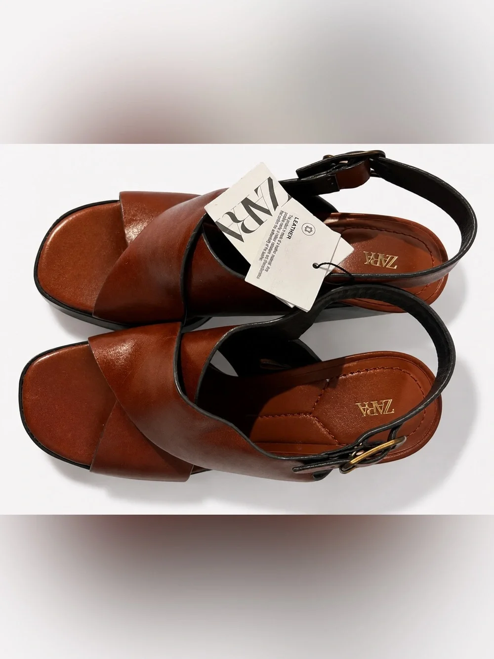 ZARA Women's Brown Leather Platform Slingback Heeled Sandals NWT 7.5